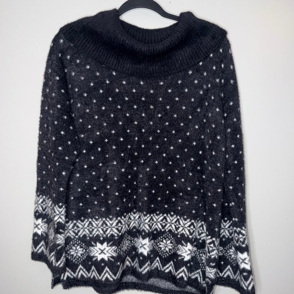 Lands' End Womens Size Medium Black White Fair Isle Cowl Neck Eyelas Sweater